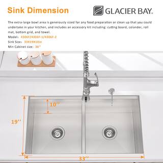 Glacier Bay AIO Zero Radius Undermount 18G Stainless Steel 33 in. 5050 Double Bowl Workstation Kitchen Sink with Spring Neck Faucet 4306F-2