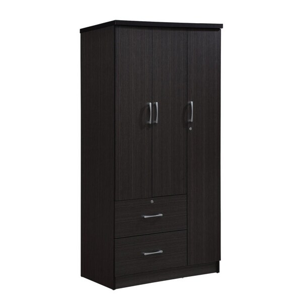 Hodedah Import 3 Door Armoire with Clothing Rod， Shelves， and 2 Drawers， Chocolate - - 37191679