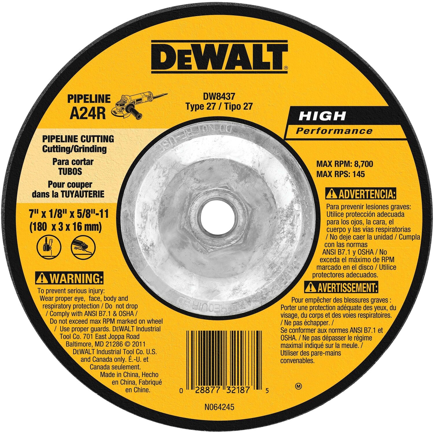 DW High Performance 7 in. D X 5/8-11 in. Pipeline Metal Grinding Wheel