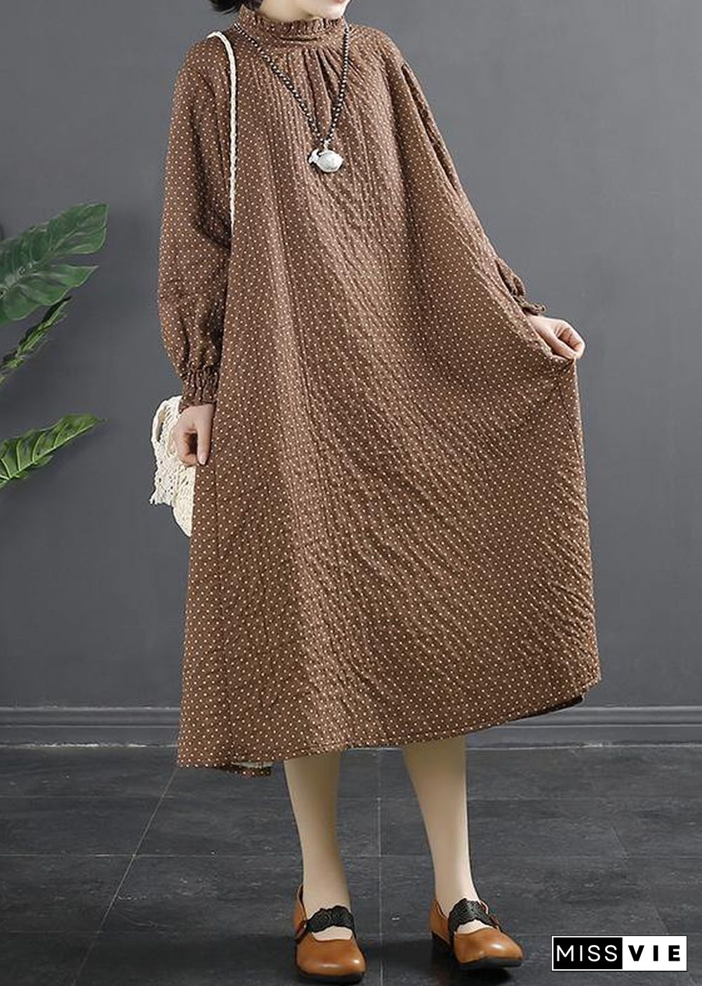 Chic Stand Collar Tunic Dress Work Outfits Chocolate Dotted Maxi Dress