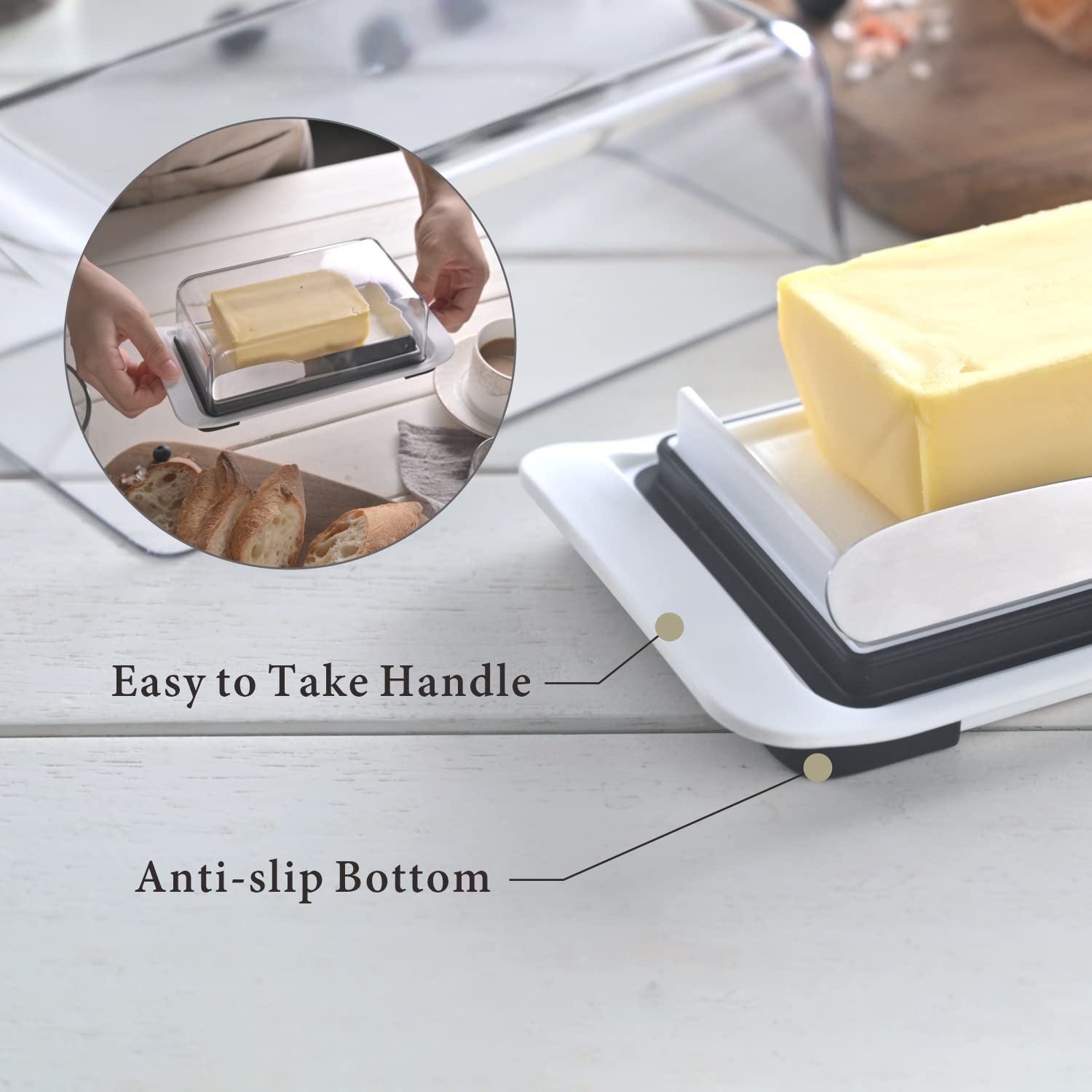 KITCHENDAO Airtight Butter Dish with Lid and Knife Spreader for Countertop and Refrigerator， Keep Butter Fresh， Easy Scoop， Dishwasher Safe， Plastic Butter Keeper Tray for West/ East Coast Butter