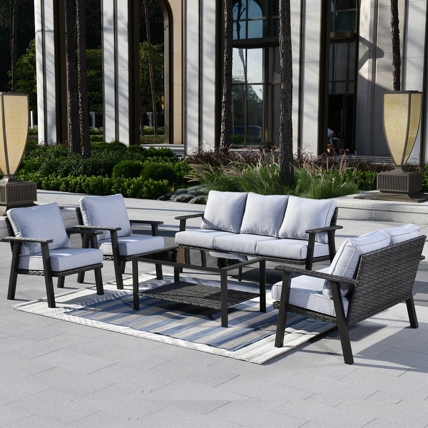 OVIOS 5piece Outdoor Steel Frame Ottoman Wicker Solid Pattern Cushion Sectional Set Glass Top Table