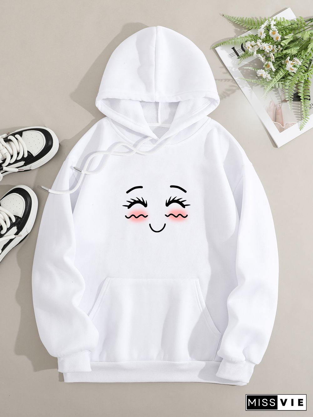 Printed on front Kangaroo Pocket Hoodie Long Sleeve for Women Pattern Smiley face