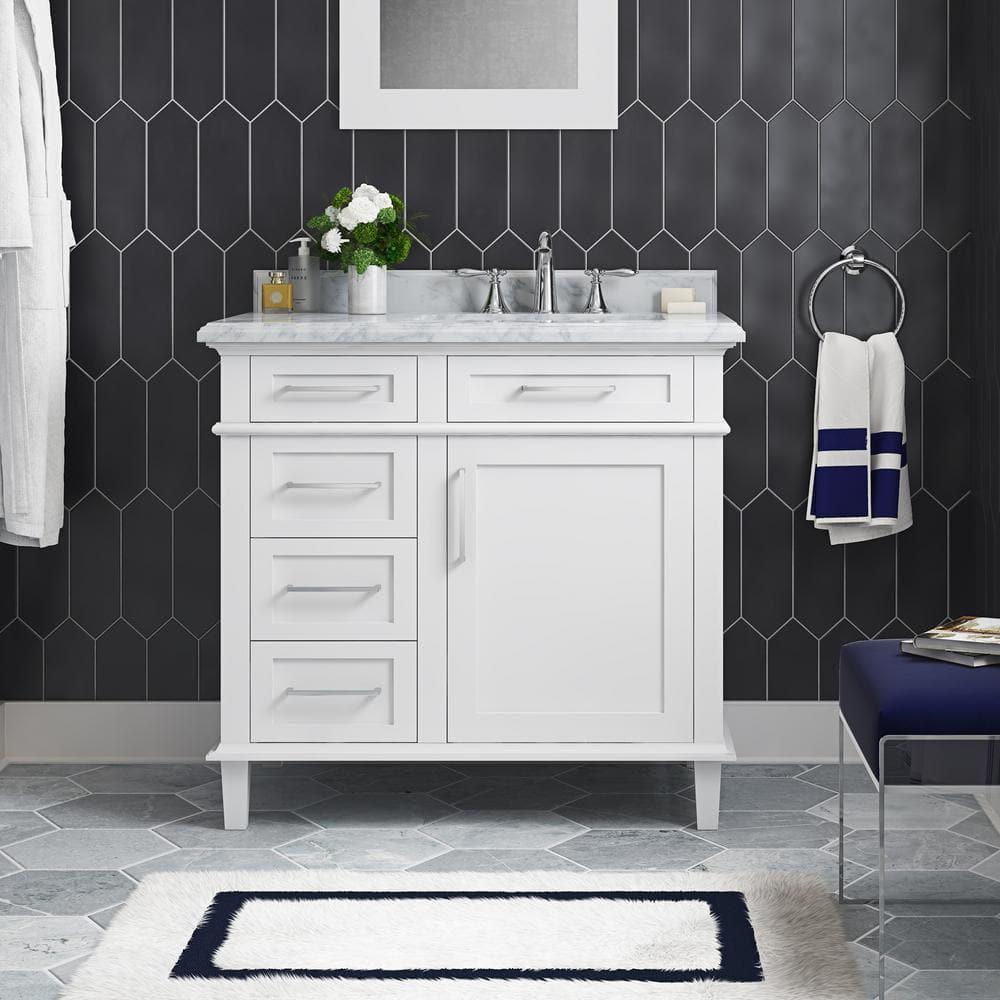 Home Decorators Collection Sonoma 36 in W x 221 in D x 345 in H Freestanding Bath Vanity in White with Carrara Marble Marble Top