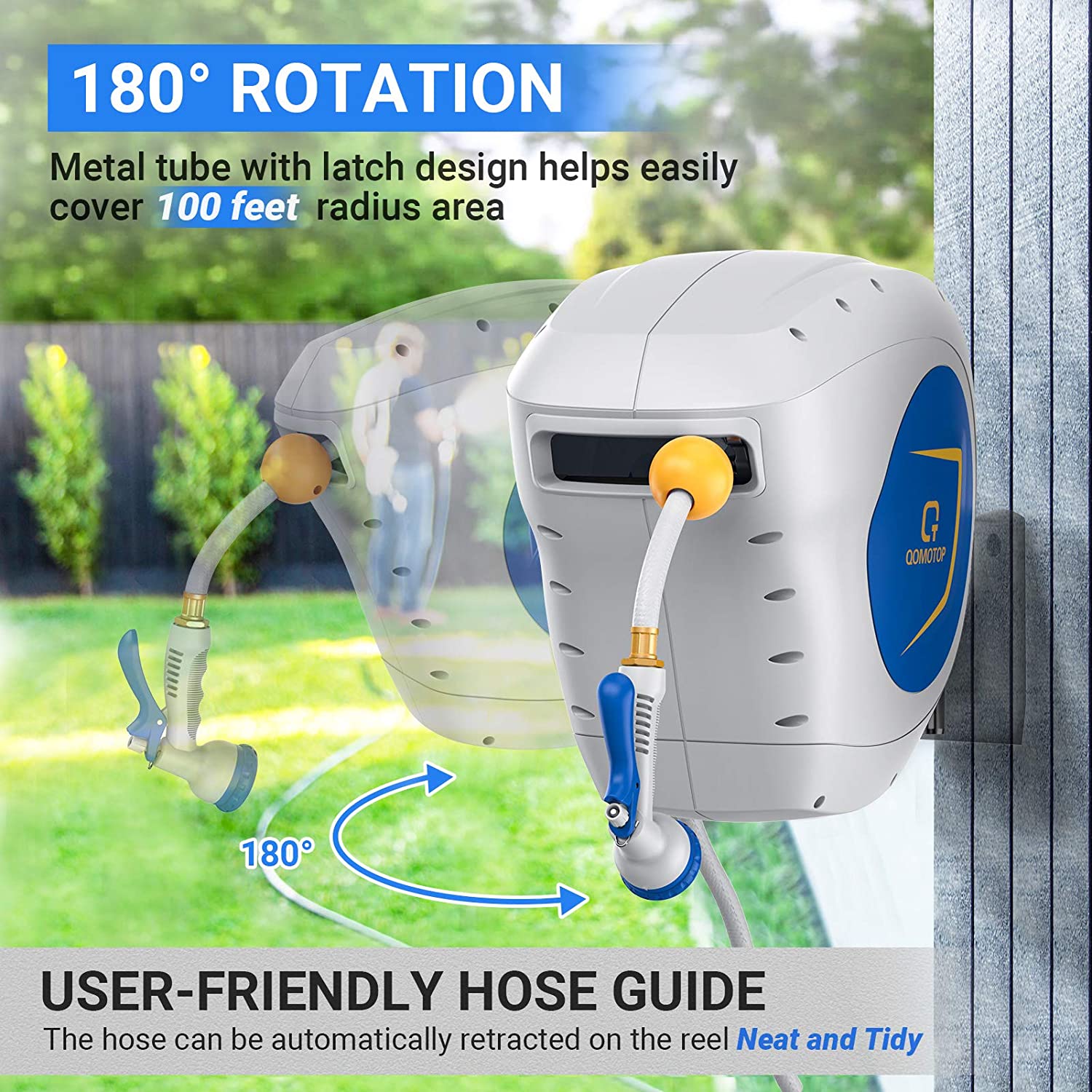 QOMOTOP Retractable Garden Hose Reel ，1/2”x100+6.7FT Auto Rewind，8 Pattern Hose Nozzle water hose reel