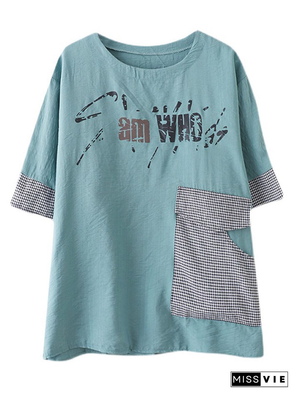 Original Letter Print Split-Joint Round-Neck T-Shirts Tops