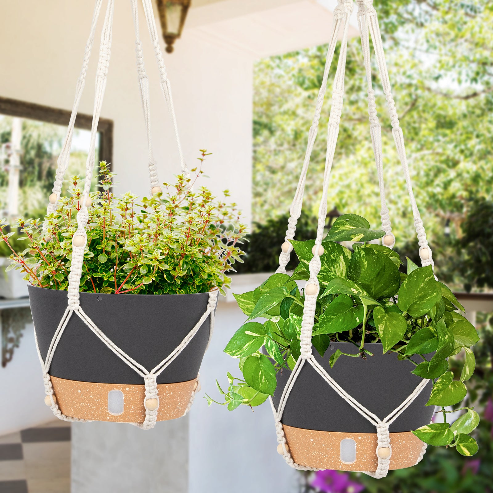 QCQHDU 2 Pack 10 inch Plastic Black Hanging Planters with 3 Hooks, Hanging Plant Pot Basket with Drainage Hole for Garden Home