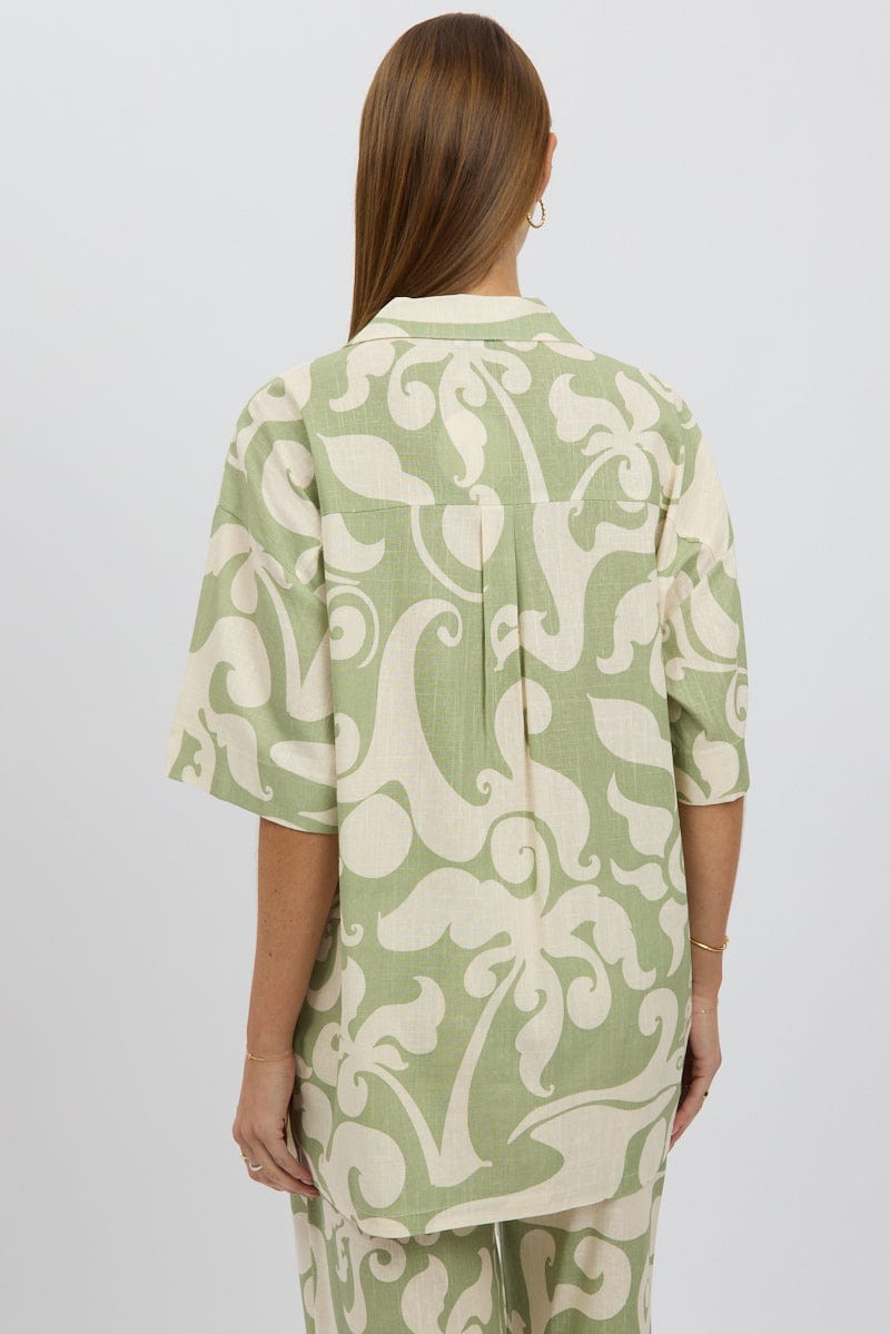 Green Abstract Relaxed Shirt Short Sleeve Linen Blend