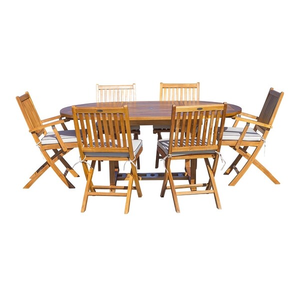 Seven Seas Teak 7 Piece Teak Wood San Diego Patio Dining Set with Round to Oval Extension Table，2 Arm Chairs and 4 Side Chairs