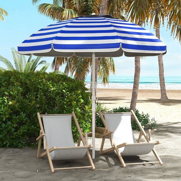 Outsunny 5 7 x27 Beach Umbrella With Cup Holders Hooks Vented Canopy Portable Outdoor Umbrella Blue Stripe