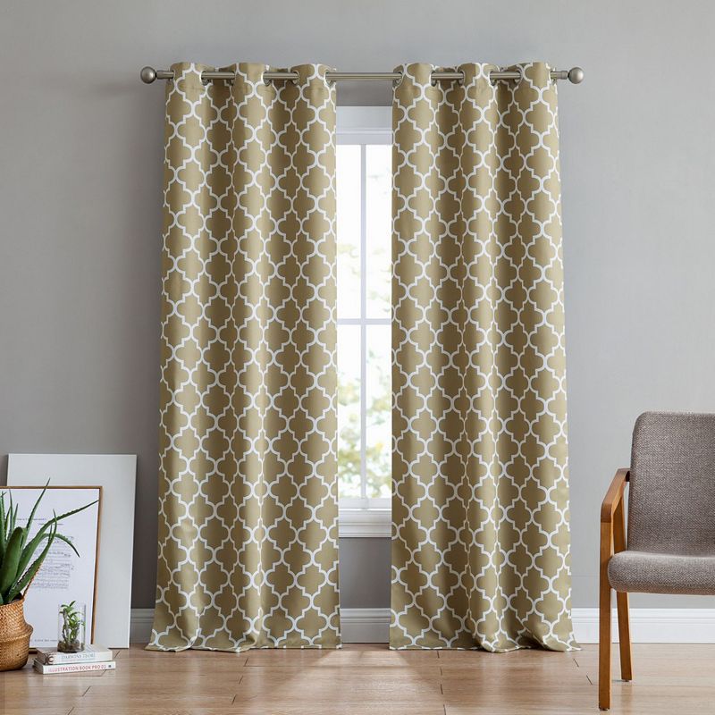 THD Royal Lattice Decorative Blackout Thermal Privacy Room Darkening Grommet Window Drapes Curtain Panels Bedroom - Set of 2