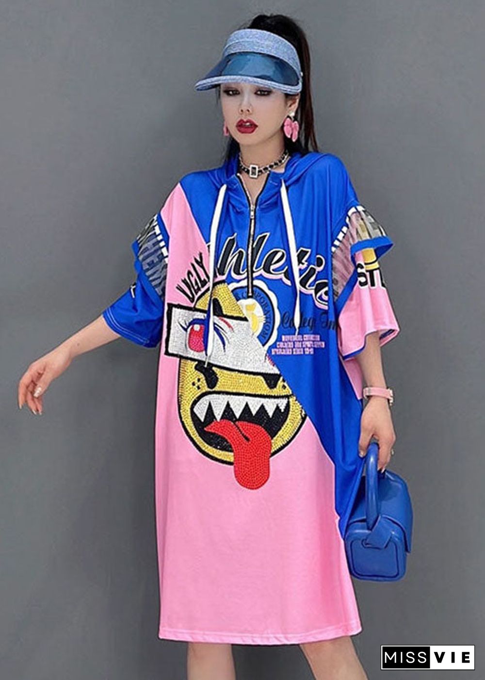 Modern Blue Red Hooded Drawstring Zippered Print Robe Dresses Short Sleeve