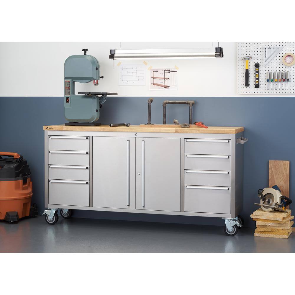 Trinity 6 ft. 8-Drawer Stainless-Steel Corner Rolling Mobile Workbench with Storage TLS-7204