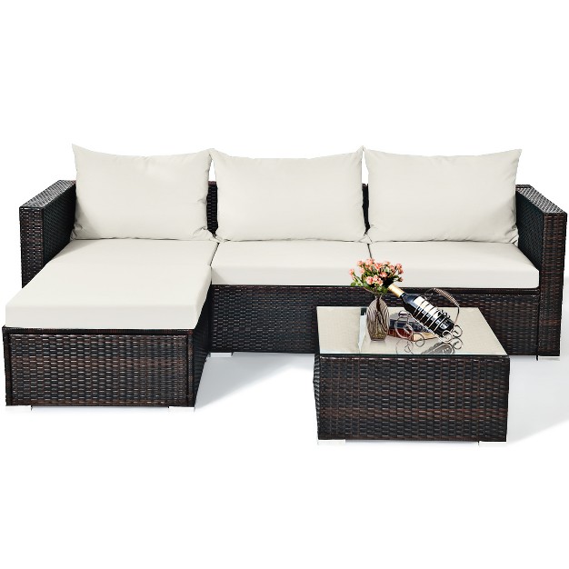 Tangkula 5 piece Patio Rattan Conversation Set Ourdoor Sectional Cushioned Sofa With Table