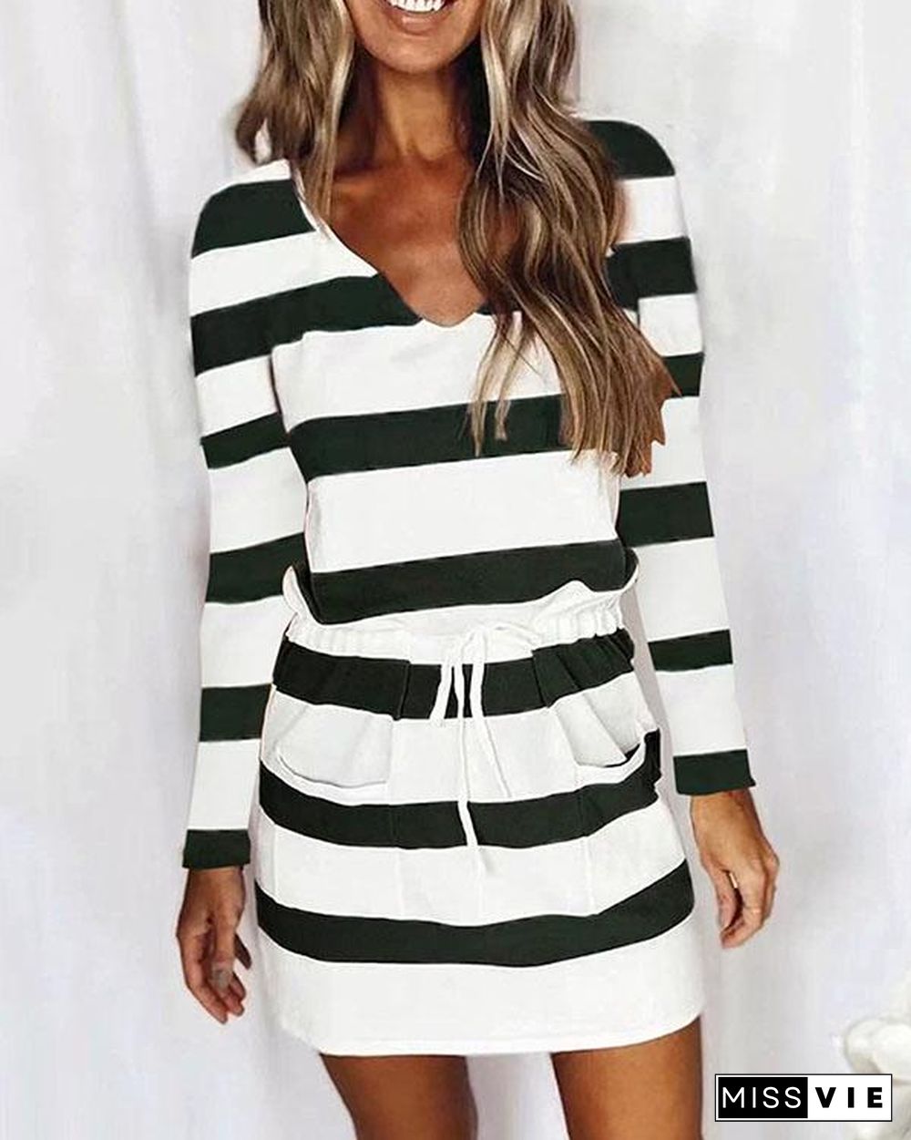 Casual V Neck Long Sleeve Stripe Mini Dress with Drawstring & Pockets