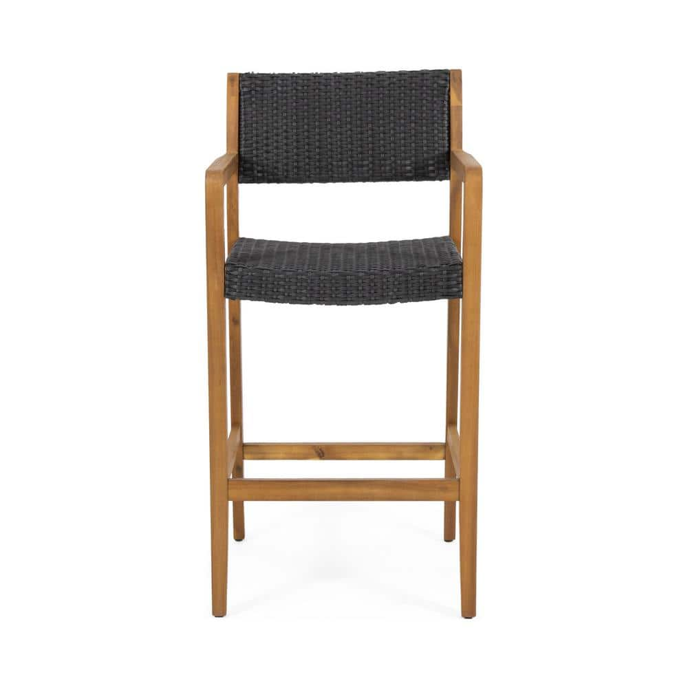 Noble House Genesee Teak Brown Wood Outdoor Bar Stool in Black Faux Wicker Seat (4-Pack) 82962