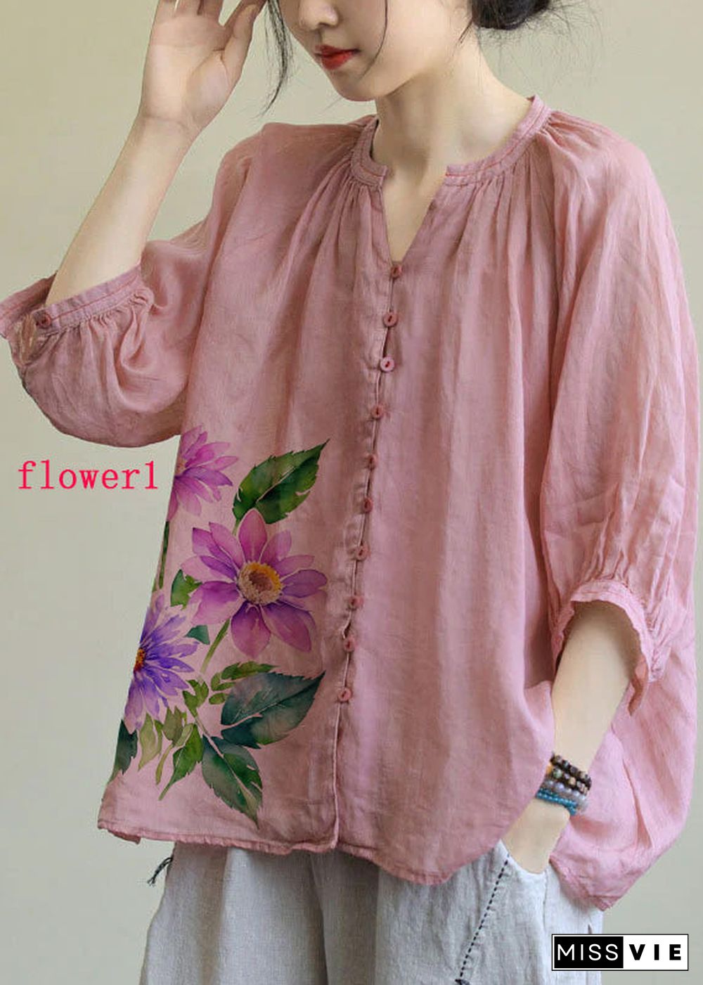 Italian Pink-purple flower V Neck Button Loose Fall Half Sleeve Blouse Top