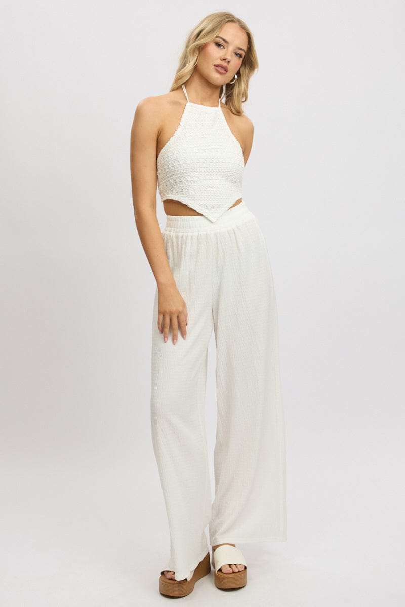 White Wide Leg Pants High Rise Textured Fabric
