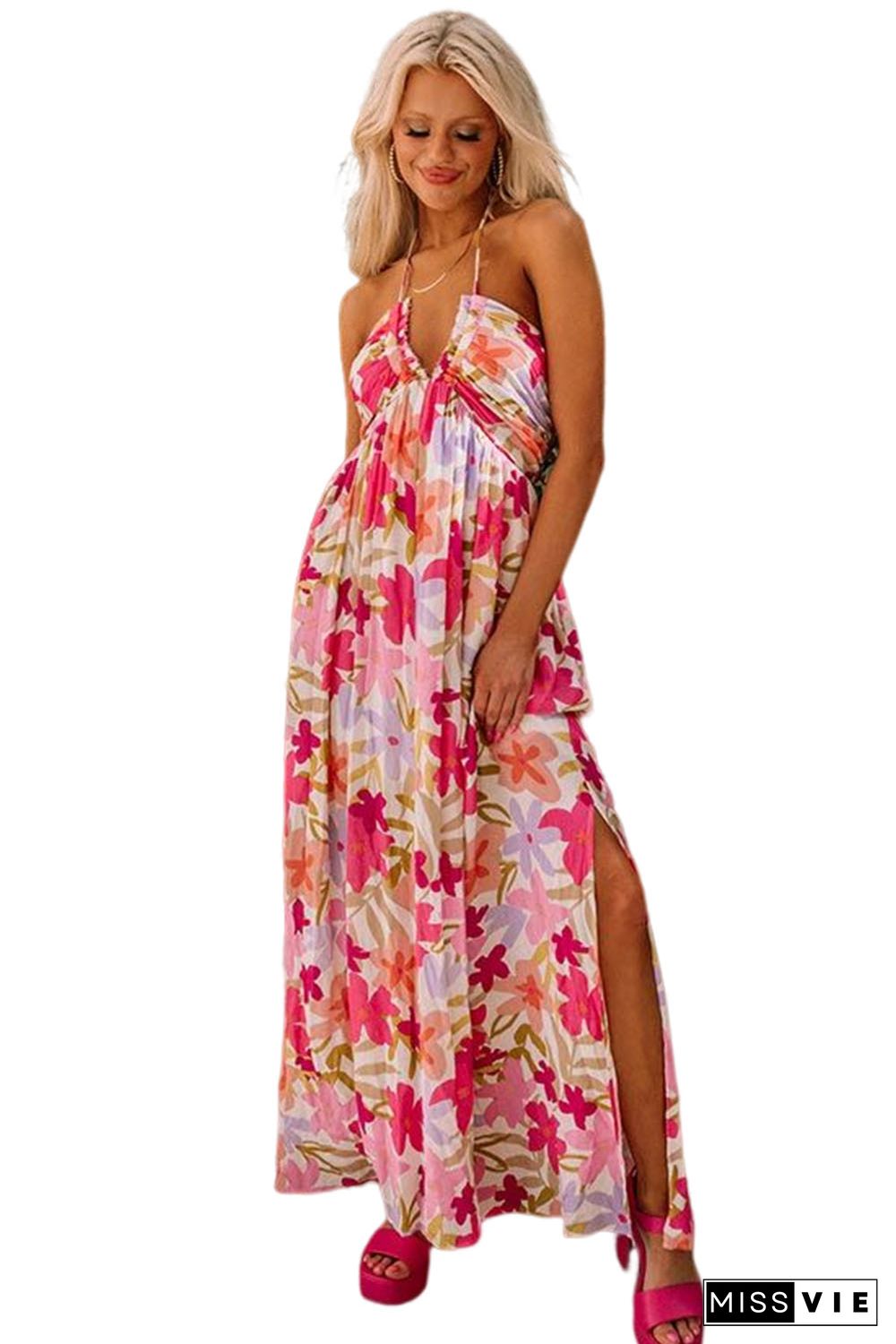 Red Halter Neck Backless Floral Print Maxi Dress with Ties