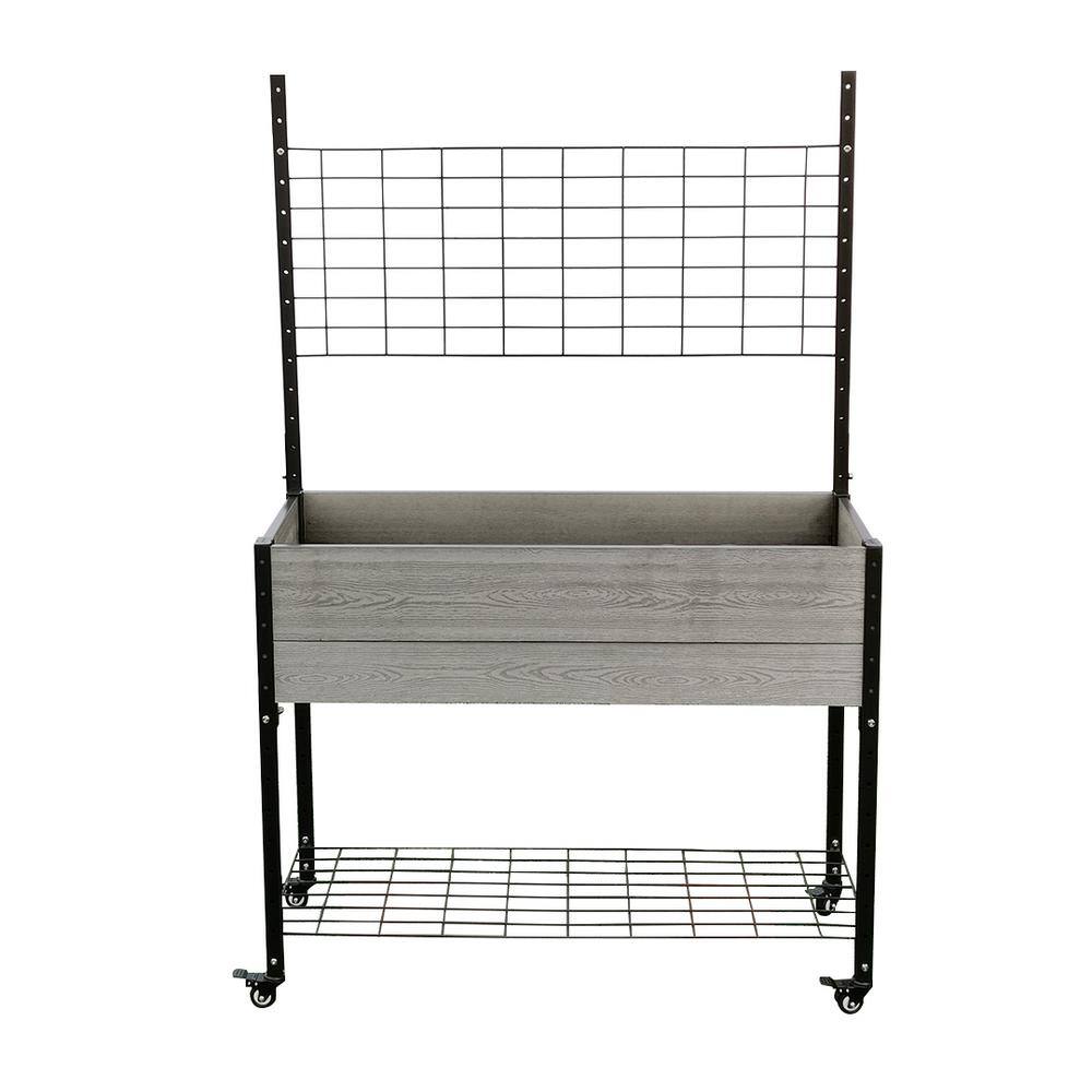 EverBloom 19 in. D x 36 in. H x 45 in. W Grey and Black Composite Mobile Garden Planter Raised Bed with Trellis and Under Shelf K2101G