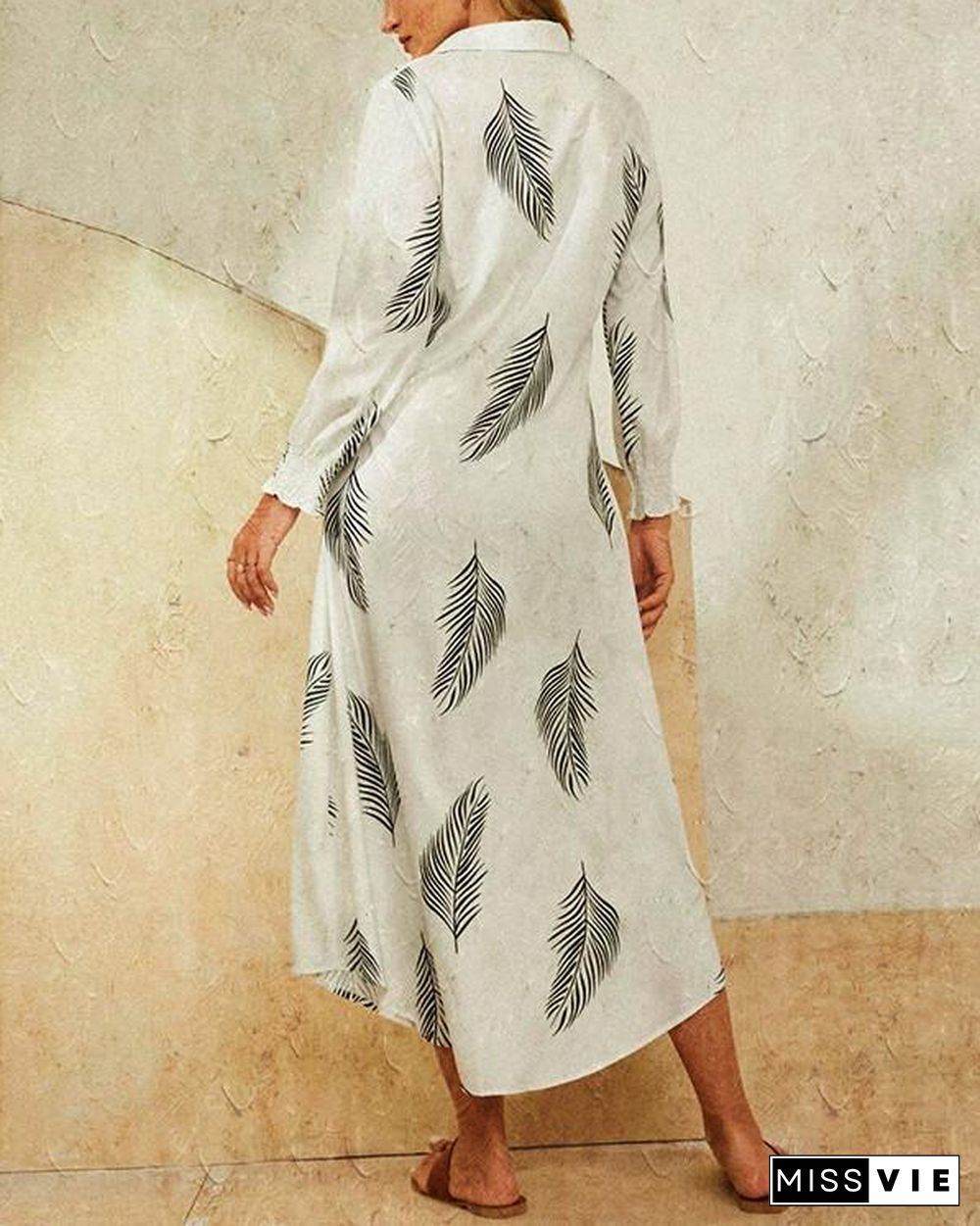 Leaves Print Lapel Button Long Sleeve Maxi Shirt Dress