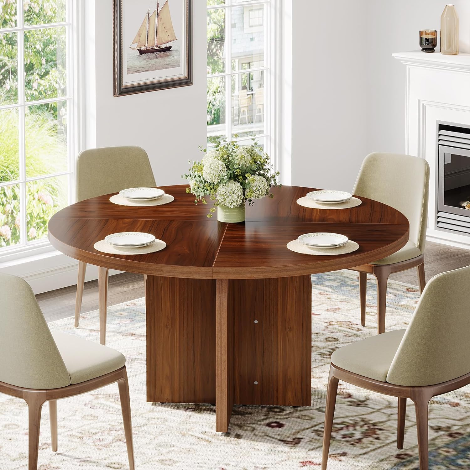 47-Inch Dining Table, Wood Round Kitchen Table for 4-6