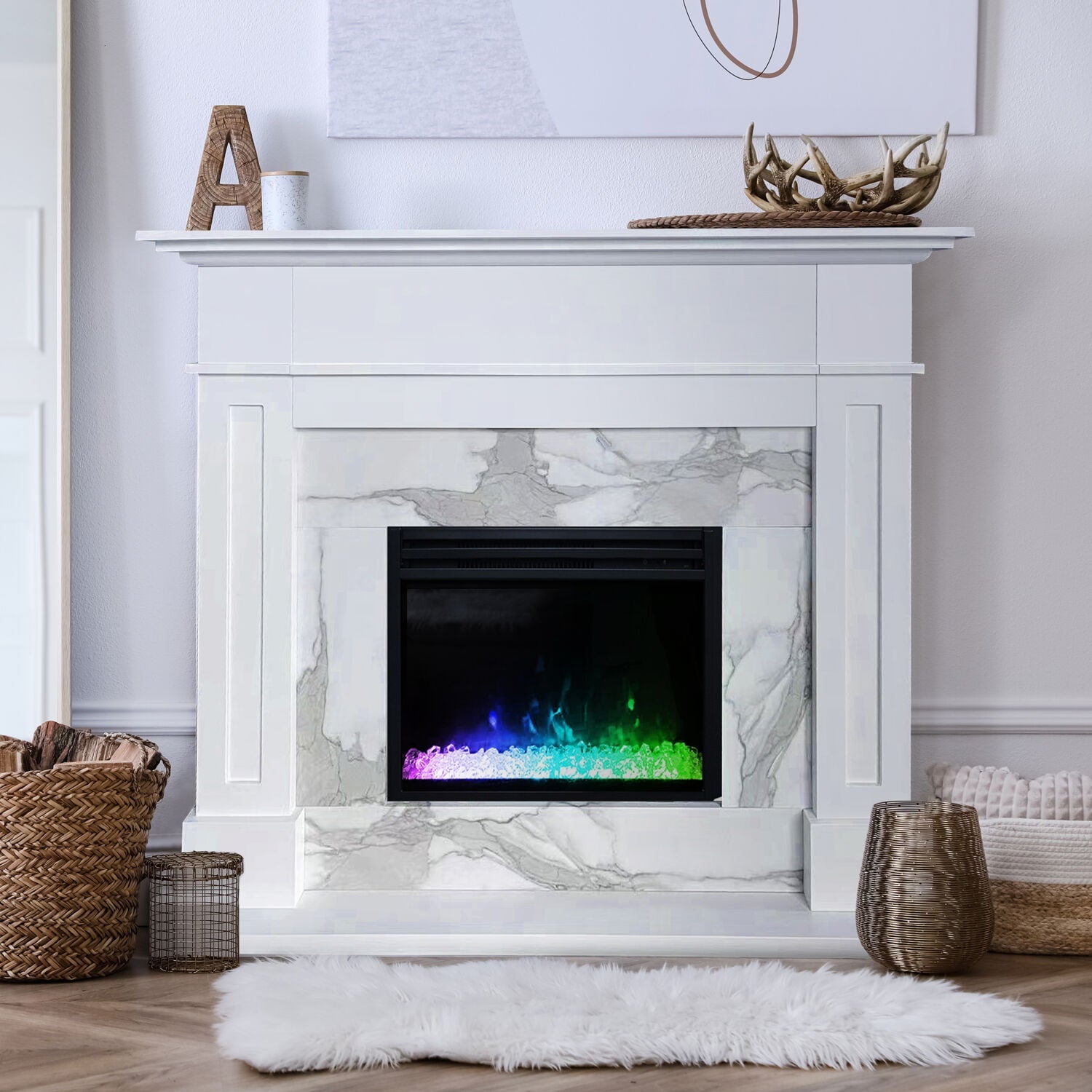 Sofia Cambridge 57-In. Modern Indoor Electric Fireplace Mantel with LED Multi-Color Crystal Insert with Remote | White Faux Marble | Heating for Living Room, Dining Room, Bedrooms up to 210 Sq.Ft.