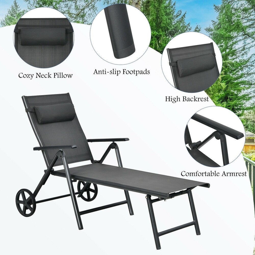 Patio Lounge Chair with Wheels Neck Pillow Aluminum Frame Adjustable   29.5\