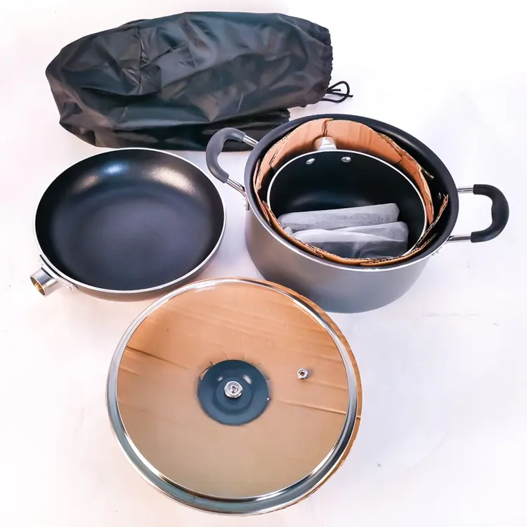 Hot sale OEM Hiking Picnic Aluminum pressed outdoor camping cookware set with detachable handles