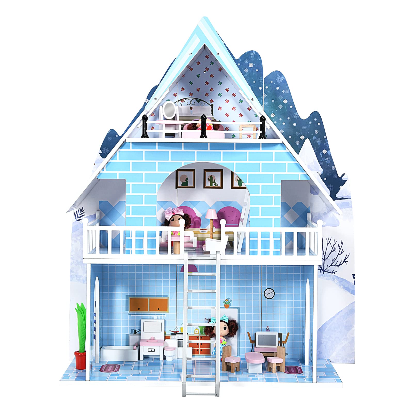 Kids Wooden Dollhouse, 3-Story Dream Toy Family House