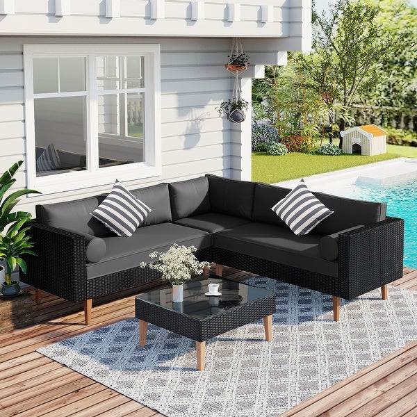 4-pieces Outdoor Wicker Sofa Set， Patio Furniture with Pillows， L-shape sofa set - Overstock - 37717935