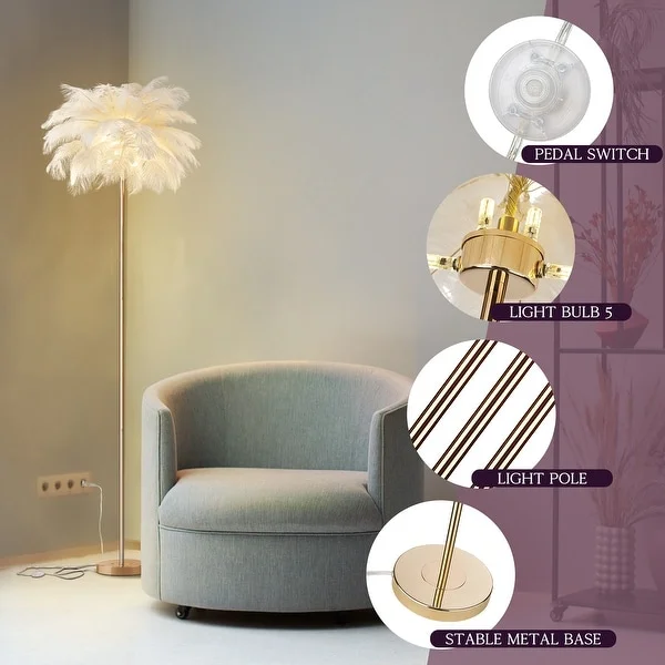 Gold and White Feather Tripod Table Lamp With Bulb