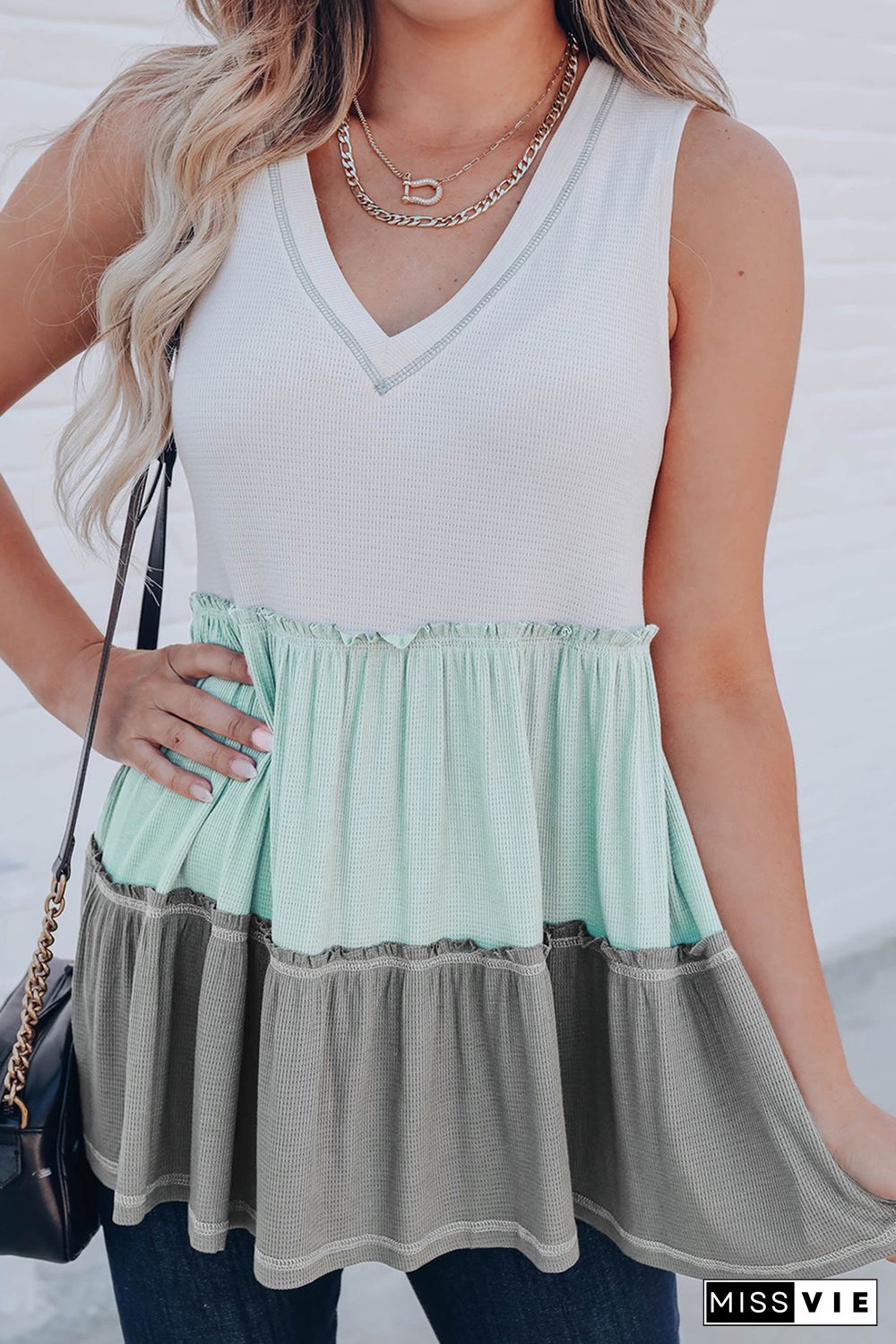 Green Ruffled V Neck Color Block Tank Top