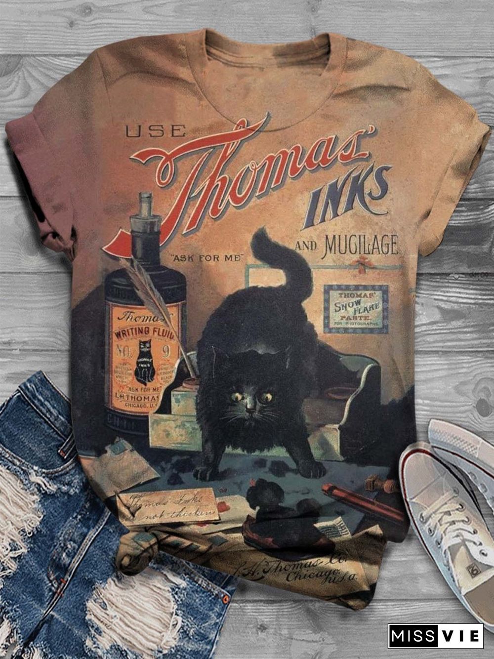 Black Cat In Vintage Ad Poster Print T-shirt