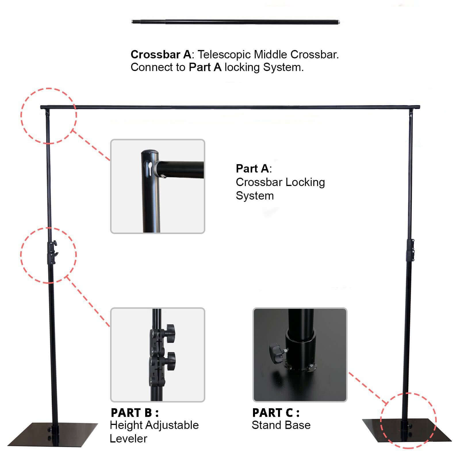 Metal DIY Adjustable Heavy Duty Pipe and Drape Stand Set, Backdrop Kit With Steel Base 10ft