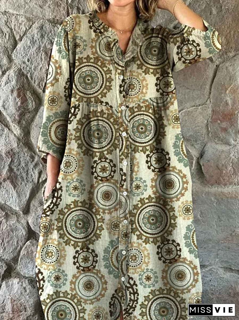 Women's Bohemian Ethnic Geometric Print Cotton And Linen Dress