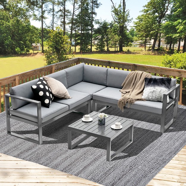 Costway 4pcs Patio Furniture Set Aluminum Frame Loveseat Coffee Table Cushions Deck Grey