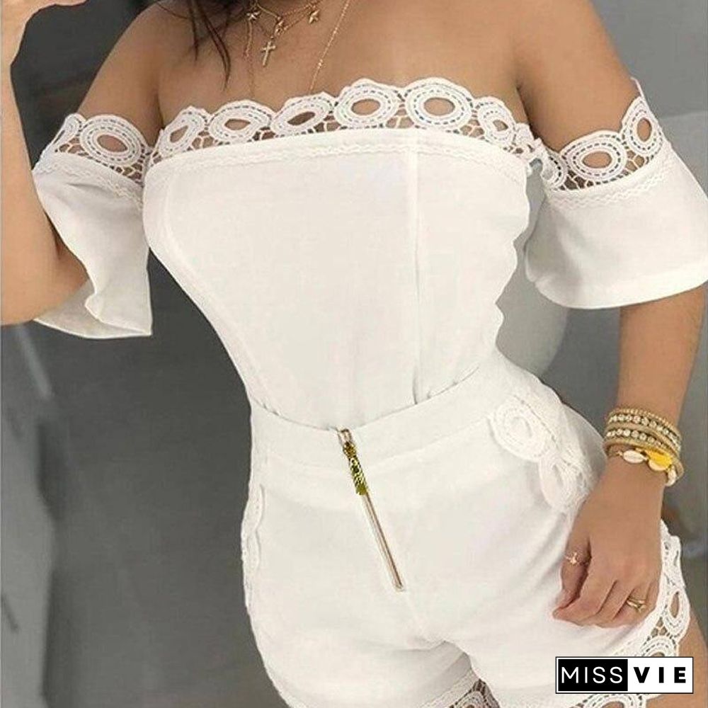 Summer Sexy Nightclub Set Women Lace Tracksuit Set Ladies Off Shoulder 2 Piece Set Women Tight Short Pant Suit Female 3XL