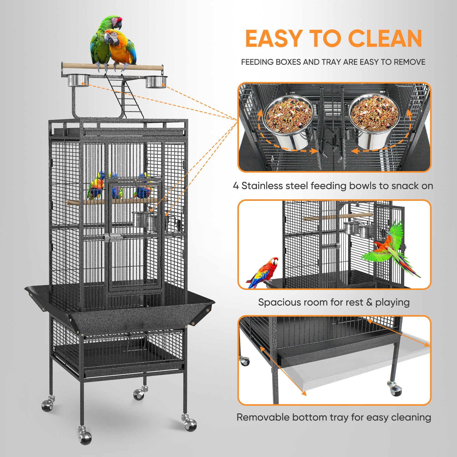 HomGarden 61/68-inch 2in1 Large Bird Cage Play Top W/Rolling Stand for Medium Parrot Bird