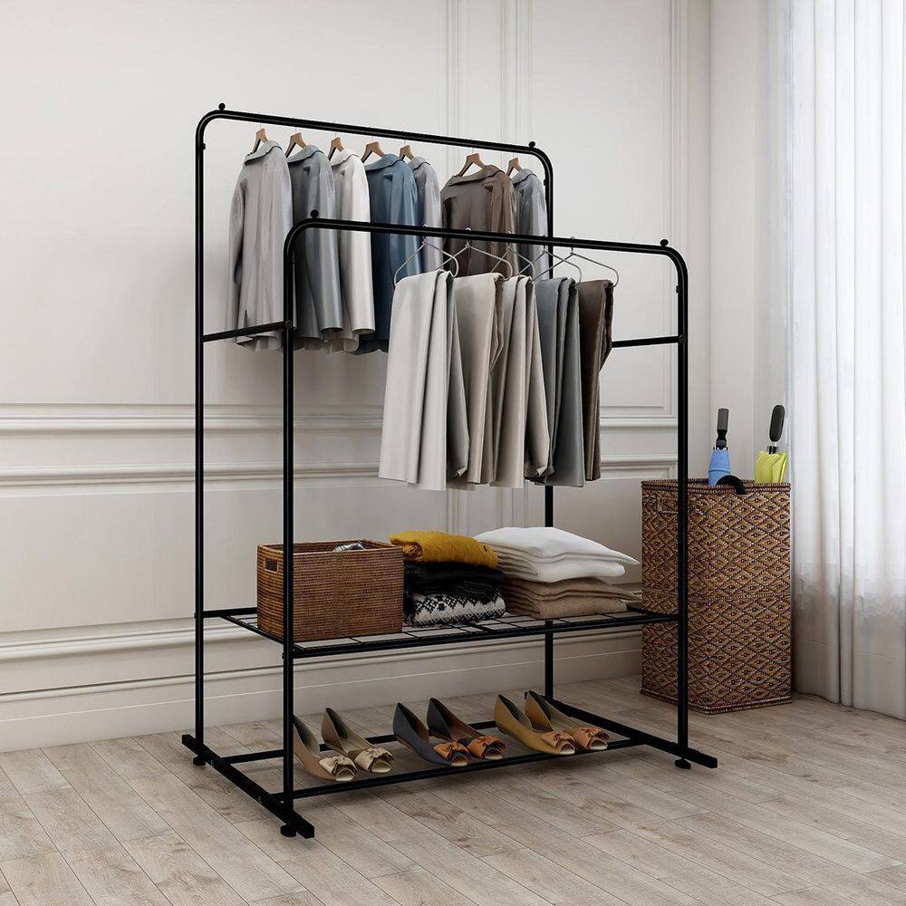 Amucolo Black Freestanding Hanger Double Rods Multi-Functional Bedroom Clothing Rack YeaD-CYD0-F2U