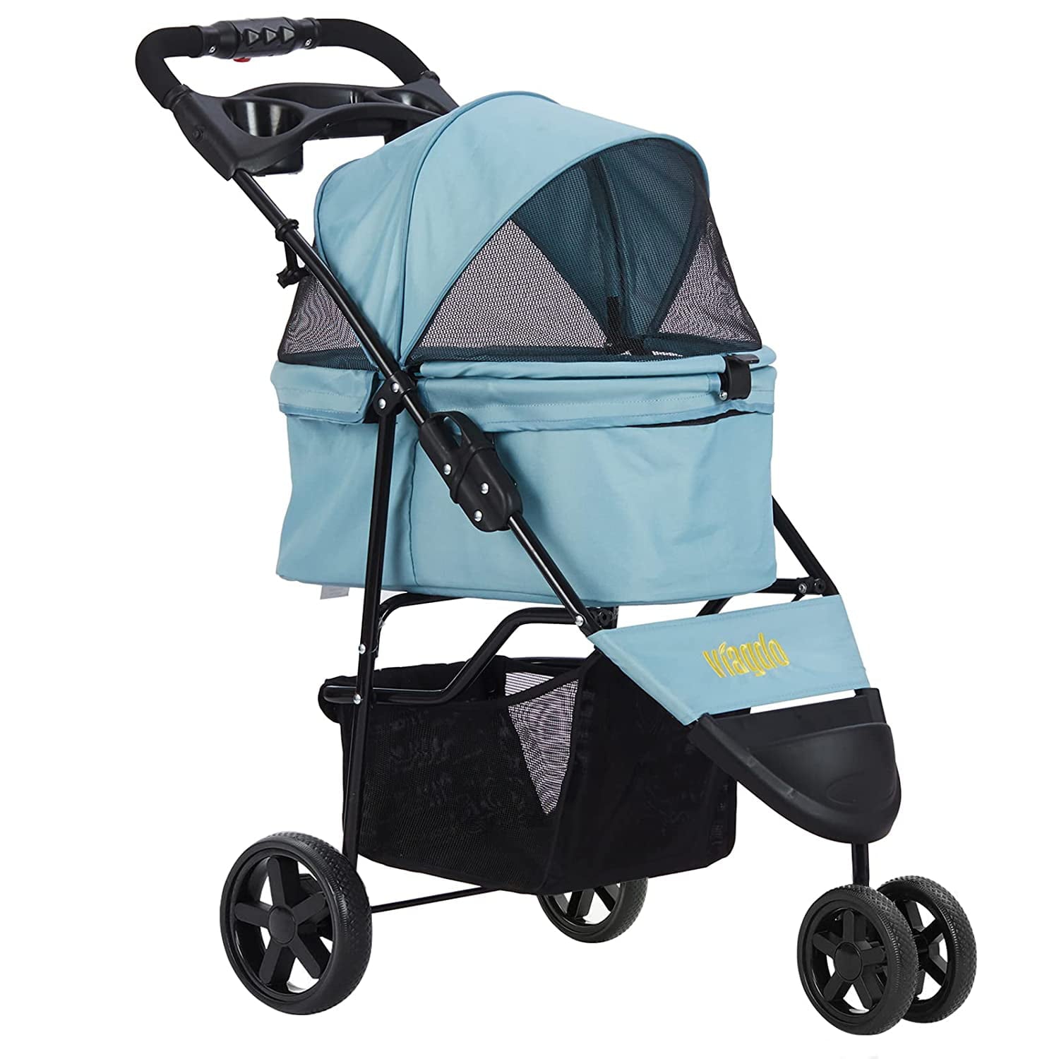 Pet Strollers for Small Medium Dogs and Cats， Folding Dog Stroller Traveling Strolling Cart with 3-Wheel and Removable Liner and Storage Basket， Light Blue