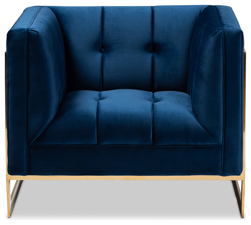 Rolland Royal Blue Velvet Button Tufted Armchair With Gold Tone Frame   Contemporary   Armchairs And Accent Chairs   by Baxton Studio  Houzz