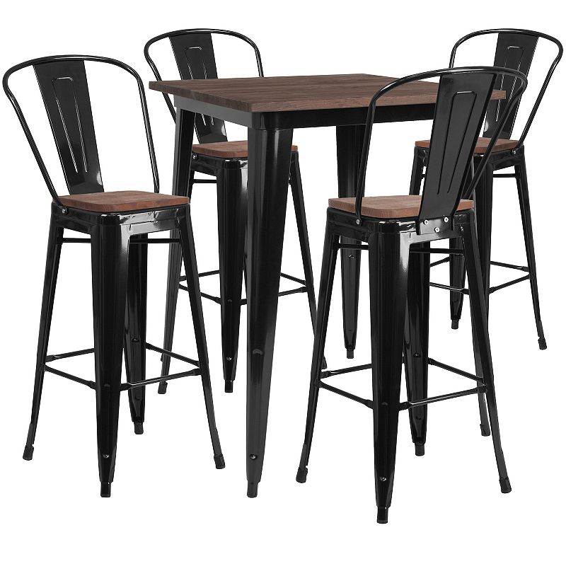 Emma and Oliver 31.5 Square Silver Metal/Wood Bar Table Set - 4 Stools