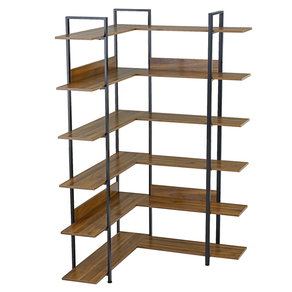 74.8 Inch Bookshelf L shape Stainless Steel Frame Corner 6 tier Shelves Adjustable Foot Pads