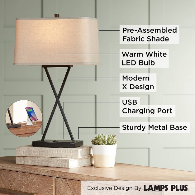 High Set Of 2 Bronze Metal With Usb Charging Port Led Rectangular Fabric Shade For Bedroom Desk