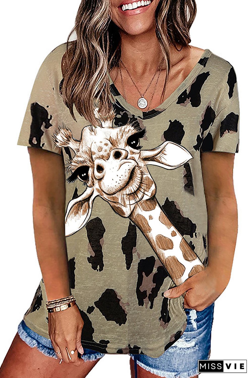 Giraffe Leopard Printed Casual Loose Short Sleeve T-shirt