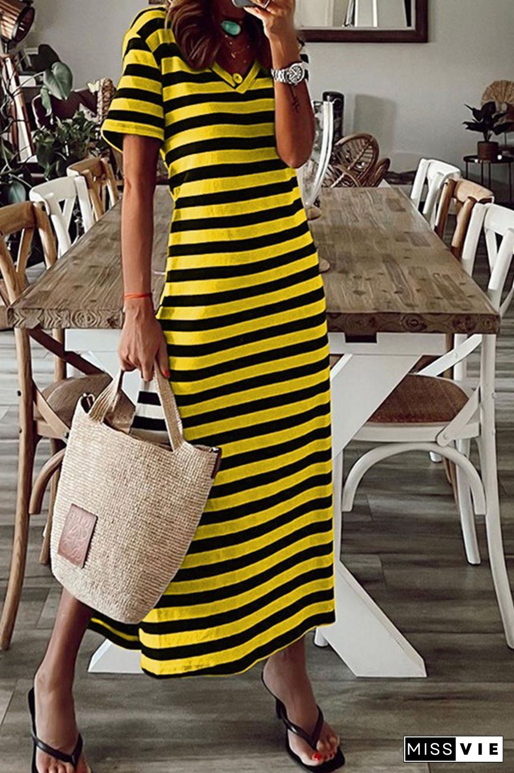 V Neck Split Stripes Dress