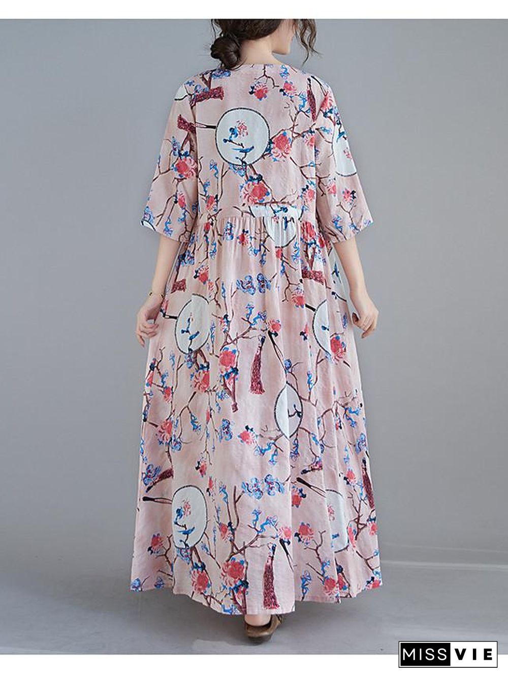 Women's Swing Dress Maxi long Dress 3/4 Length Sleeve Floral Spring Summer Casual Blushing Pink Light Blue M L XL XXL