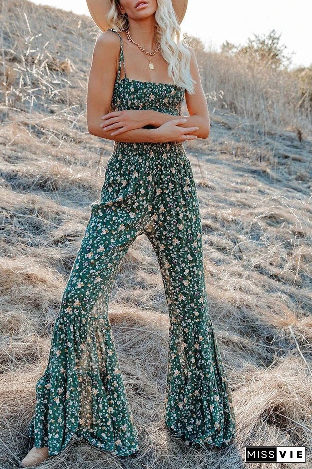 Floral Print Wide Leg Suspenders Jumpsuit