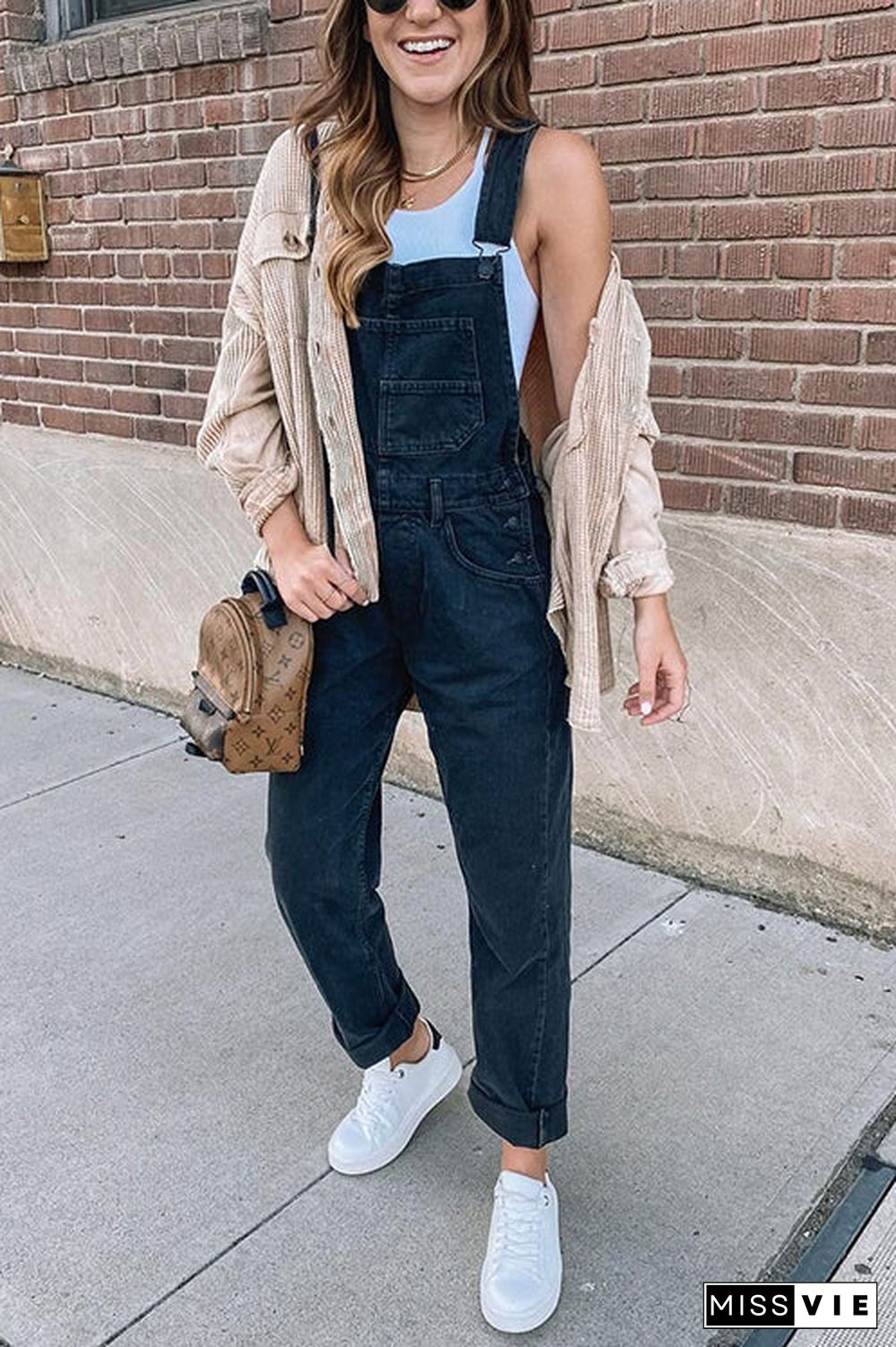 Solid Pockets Denim Overall